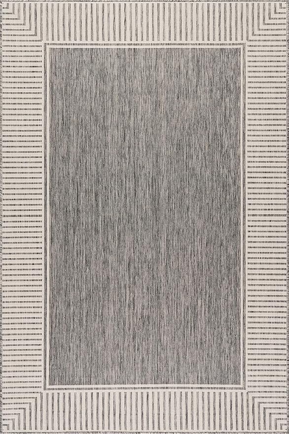 Nuloom Asha Grey/Ivory, 6'7" x 9', Casual, Striped Border, Soft and Cozy, High Traffic, Stain Resistant, Easy Clean, Durable Area Rug for Indoor/Outdoor Patio, Deck, Porch, Garden, Courtyard
