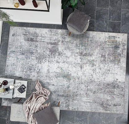 GLN Rugs Contemporary Collection - Machine Washable Area Rug, Contemporary Washable, Non Slip, Low Pile Chenille Rug, Living Room, Bedroom, Kitchen Rug (5' x 7' Grey/Green)