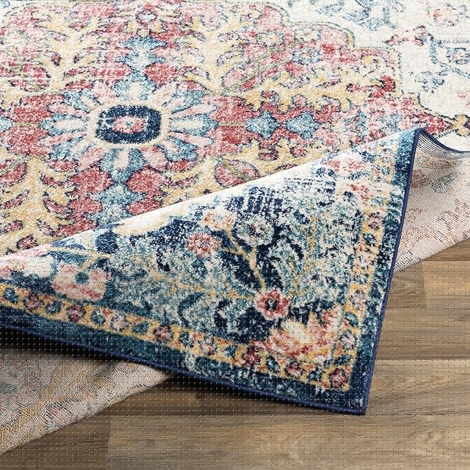 Livabliss Area Rugs - 5ft Round Odelia Vintage Boho Aqua Burgandy Blue Round Area Rug for Living Room Bedroom - Floral Medallion Stain Resistant Carpet for Kitchen, Nursery, Office (5'3" Round)