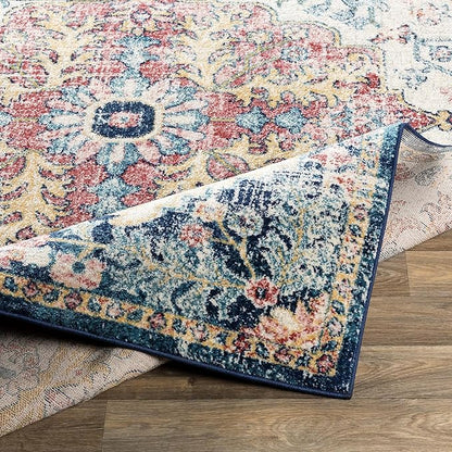 Livabliss Area Rugs - 8x8 Odelia Vintage Boho Aqua Burgandy Blue Square Area Rug for Living Room Bedroom - Floral Medallion Stain Resistant Carpet for Kitchen, Nursery, Office (7'10" Square)