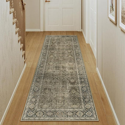 Light Brown 2x5 Vintage Area Rug Hallway Indoor Kitchen Washable Living Room Carpet Tribal Distressed Rug Retro Accent Throw Rug for Office Dining Room Bathroom Faux Wool