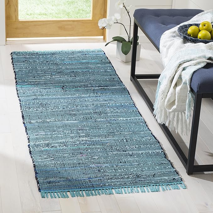 SAFAVIEH Rag Rug Collection Runner Rug - 2'3" x 12', Blue & Multi, Handmade Boho Stripe Cotton, Ideal for High Traffic Areas in Living Room, Bedroom (RAR121B)