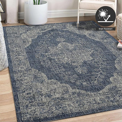 FH Home Outdoor Area Rug - Waterproof Easy to Clean Stain Resistant - Patio Indoor Outdoor Porch Deck Balcony Entryway - Vintage Distressed - Gorgan - Blue - 7ft 8in x 9ft 8in