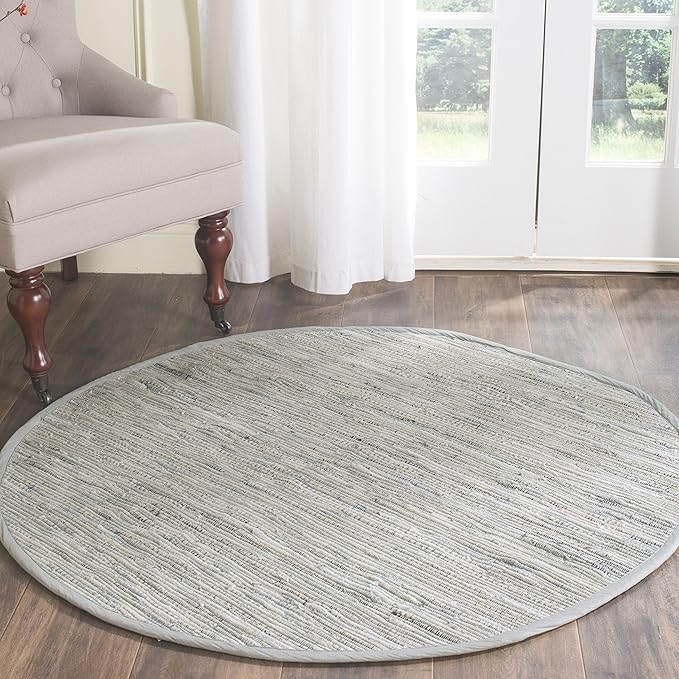 SAFAVIEH Rag Rug Collection Area Rug - 3' Round, Grey, Handmade Boho Stripe Cotton, Ideal for High Traffic Areas in Living Room, Bedroom (RAR121A)