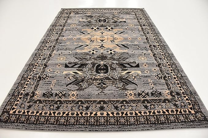 Unique Loom Taftan Collection Border Geometric Tribal Inspired Design Area Rug (6' 0 x 9' 0 Rectangular, Gray/ Black)