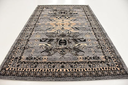 Unique Loom Taftan Collection Border Geometric Tribal Inspired Design Area Rug (6' 0 x 9' 0 Rectangular, Gray/ Black)