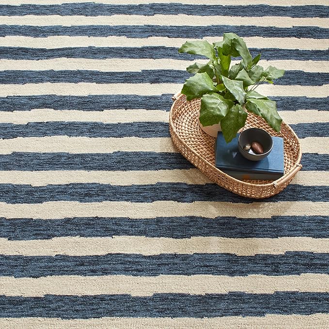 Dash & Albert Silas Stripe Navy Hand Micro Hooked Wool Rug, 9.5 X 13.5 Feet, Blue Stripe Pattern - Premium Luxury Hotel Quality Soft Breathable Hypoallergenic Machine Washable Easy Care All Season