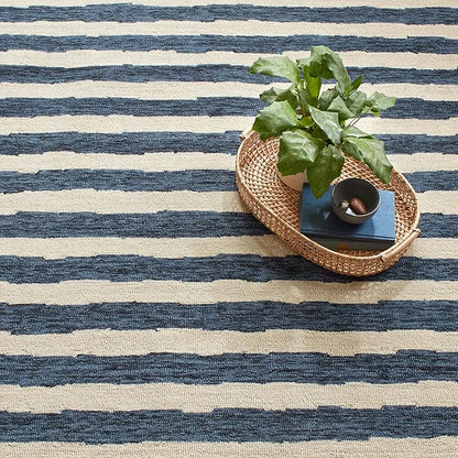 Dash & Albert Silas Stripe Navy Hand Micro Hooked Wool Rug, 9.5 X 13.5 Feet, Blue Stripe Pattern - Premium Luxury Hotel Quality Soft Breathable Hypoallergenic Machine Washable Easy Care All Season