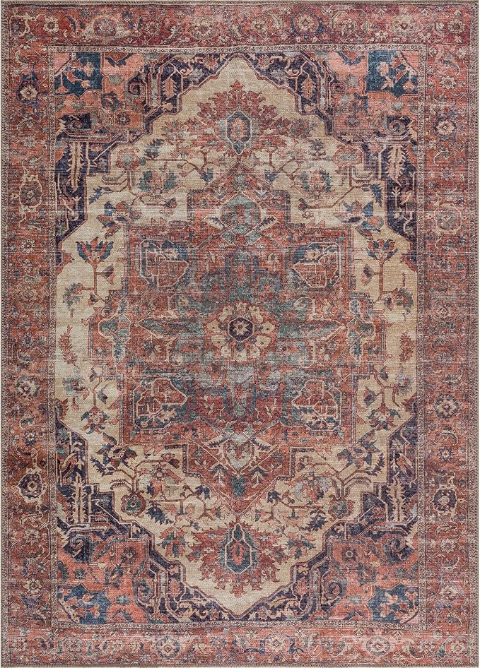 Bloom Rugs Washable 6' x 9' Rug - Beige/Terracotta Traditional Area Rug for Living Room, Bedroom, Dining Room, and Kitchen - Exact Size: 6' x 9'
