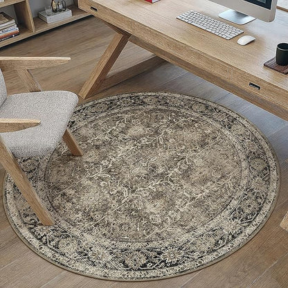 Brown Round Area Rug 3ft Entryway 3x3 Circle Vintage Indoor Kitchen Washable Door Mat Living Room Carpet Non Slip Traditional Distressed Retro Accent Throw Rug Office Dining Room Bathroom