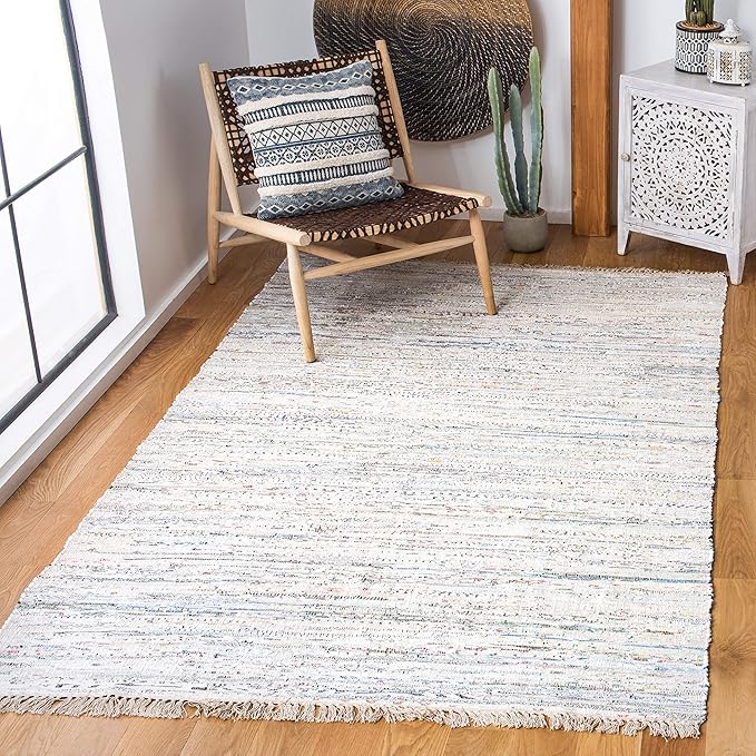 SAFAVIEH Rag Rug Collection Accent Rug - 4' x 6', Ivory & Multi, Handmade Boho Stripe Cotton, Ideal for High Traffic Areas in Entryway, Living Room, Bedroom (RAR121G)