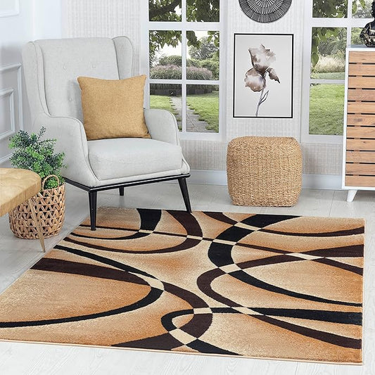 GLORY RUGS Modern Area Rug 5x7 Beige Swirls Carpet Bedroom Living Room Contemporary Dining Accent Sevilla Collection 4816A (Brown)