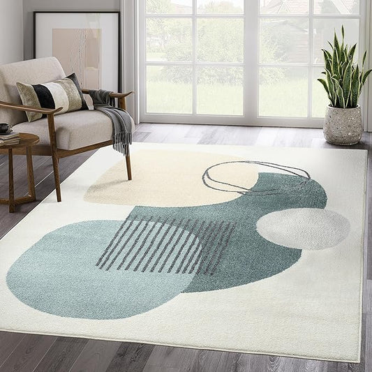 Abani Deco Collection Area Rug -Cream/Green Minimalist Design -4' x 6' - Easy to Clean - Durable for Kids and Pets - Non-Shedding - Medium Pile - Soft Feel - for Living Room, Bedroom & Office