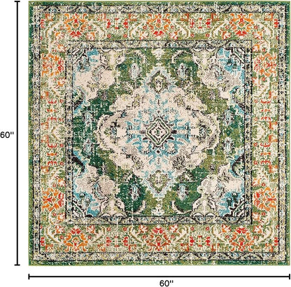 SAFAVIEH Monaco Collection Area Rug - 5' Square, Forest Green & Light Blue, Medallion Distressed Design, Non-Shedding & Easy Care, Ideal for High Traffic Areas in Living Room, Bedroom (MNC243F)