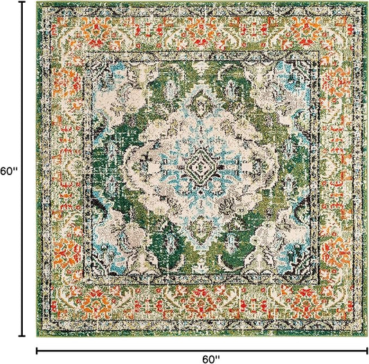 SAFAVIEH Monaco Collection Area Rug - 5' Square, Forest Green & Light Blue, Medallion Distressed Design, Non-Shedding & Easy Care, Ideal for High Traffic Areas in Living Room, Bedroom (MNC243F)