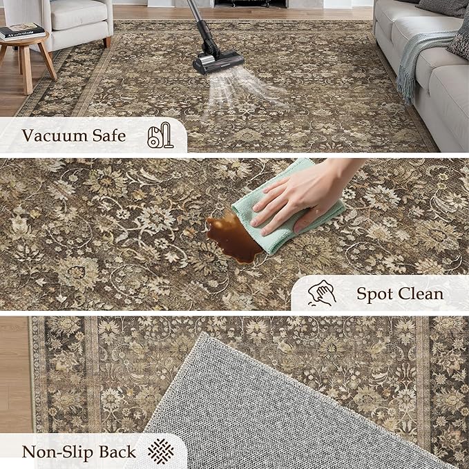 HUGEAR 3x5 Machine Washable Rugs Brown Hallway Area Rug Indoor Accent Rug Floral Mid Pile Carpet Soft Thicker Throw Rug Bedroom Living Room Office Dining Room Kitchen Laundry Room Non Slip