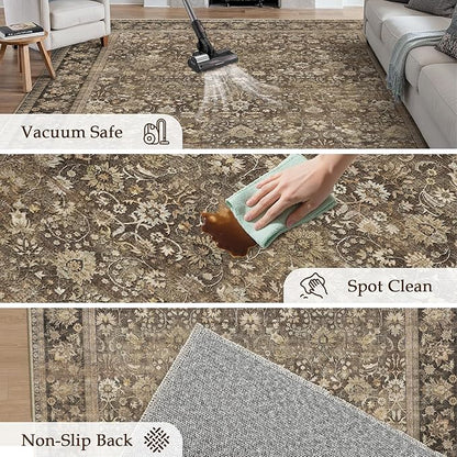 HUGEAR 2x6 Runner Rug Machine Washable Brown Hallway Area Rugs Indoor Accent Rugs Floral Mid Pile Carpet Distressed Soft Thicker Throw Rug Bedroom Office Dining Kitchen Laundry Non Slip