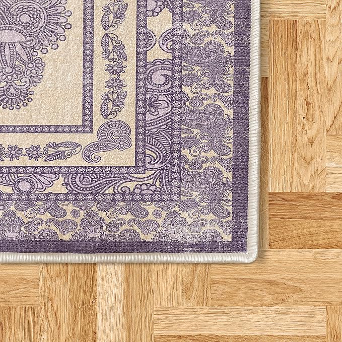 Ambesonne Boho Decorative Rug, Vintage Look Ethnic Look Pattern of Paisley Details Bohemian Feels Damask, Quality Carpet for Bedroom Dorm and Living Room, 2' x 5', Eggshell Violet Lilac
