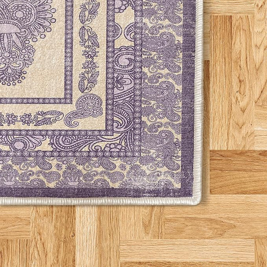 Ambesonne Boho Decorative Rug, Vintage Look Ethnic Look Pattern of Paisley Details Bohemian Feels Damask, Quality Carpet for Bedroom Dorm and Living Room, 2' x 5', Eggshell Violet Lilac