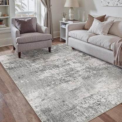 5x7 Grey Area Rug Washable Non Slip Modern Abstract Living Room Carpet Neutral Low Pile Soft Gray Bedroom Contemporary Throw Rug Indoor for Kitchen Office Laundry Dining Room