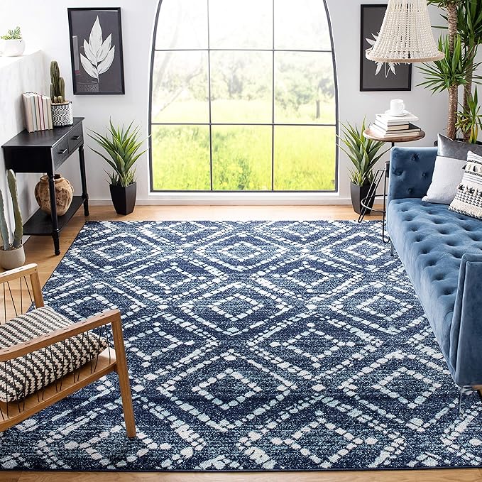 SAFAVIEH Adirondack Collection Area Rug - 6' Square, Navy & Ivory, Modern Diamond Distressed Design, Non-Shedding & Easy Care, Ideal for High Traffic Areas in Living Room, Bedroom (ADR131N)