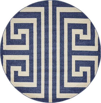 Unique Loom Athens Collection Classic Geometric Modern Border Design Area Rug (6' 0 x 6' 0 Round, Navy Blue/ Beige)