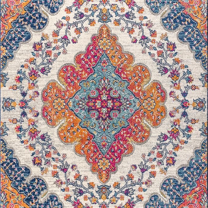 JONATHAN Y Boho Vintage Blue/Multi Indoor Area Rug, 9x12, Bohemian Flair Medallion, Floral Easy-Cleaning High Traffic for Living Room, Bedroom, Kitchen, Pet-Friendly, Non-Shedding (BMF106A-9)