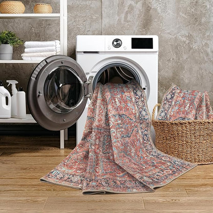 GLN Rugs Traditional Collection - Machine Washable Area Rug, Traditional Washable, Non Slip, Low Pile Chenille Rug, Living Room, Bedroom, Kitchen Rug (4' x 6' Terra/Multicolor 1168)