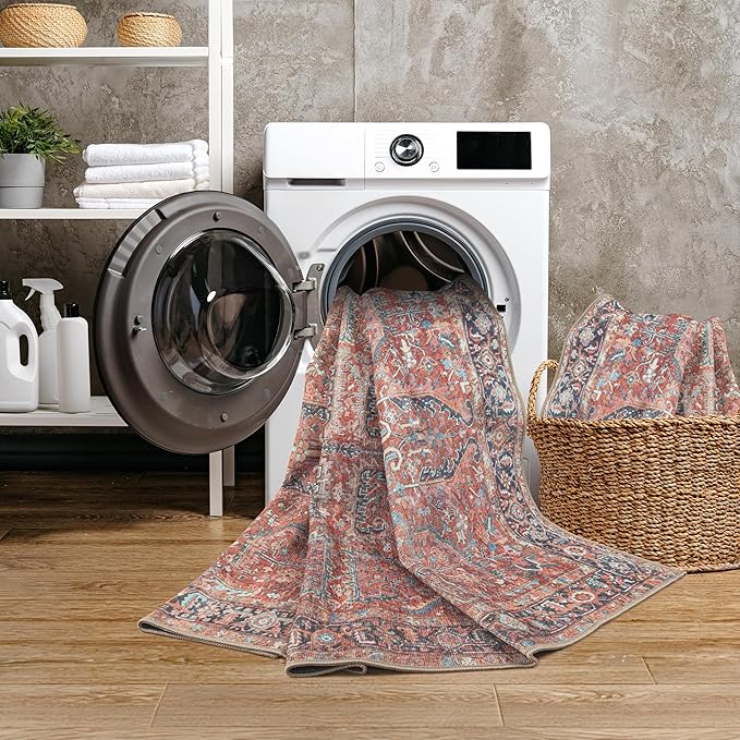 GLN Rugs Traditional Collection - Machine Washable Area Rug, Traditional Washable, Non Slip, Low Pile Chenille Rug, Living Room, Bedroom, Kitchen Rug (2'6" x 10' Terra/Multicolor 1168)