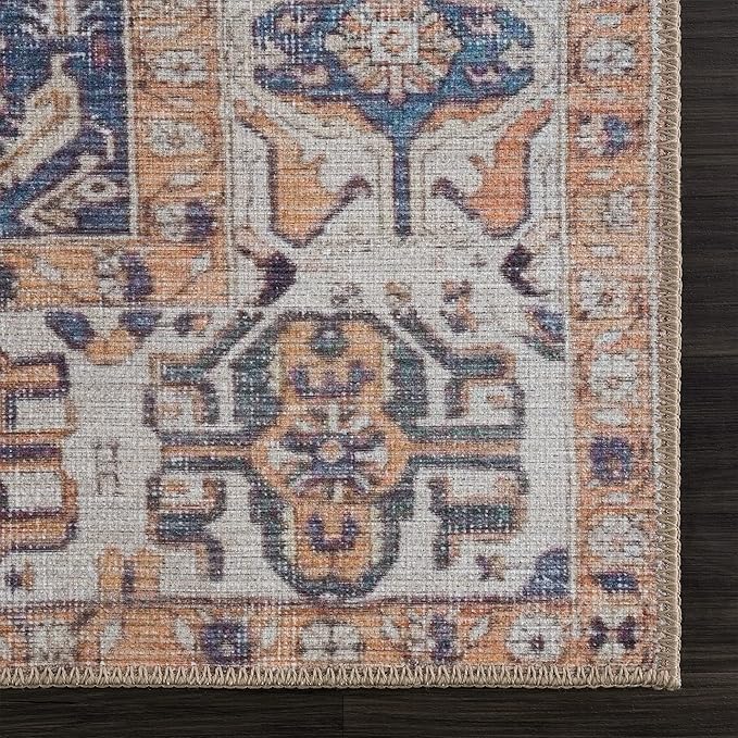 Bloom Rugs Washable 4' x 6' Rug - Orange/Blue/Beige Traditional Area Rug for Living Room, Bedroom, Dining Room, and Kitchen - Exact Size: 4' x 6'
