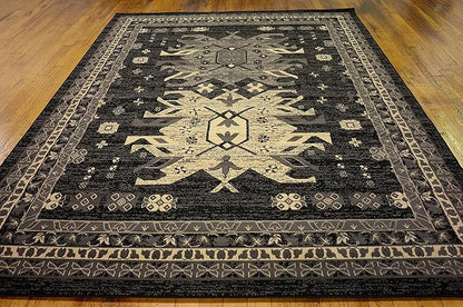 Unique Loom Taftan Collection Border Geometric Tribal Inspired Design Area Rug (8' 0 x 10' 0 Rectangular, Black/ Gray)