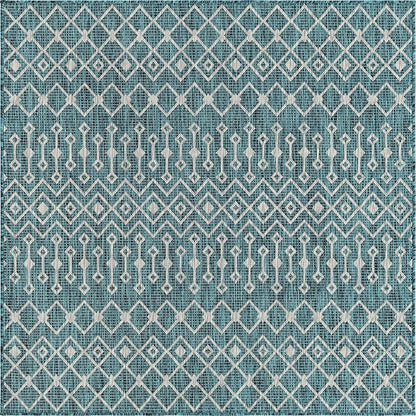 Unique Loom Outdoor Trellis Collection Area Rug - Tribal Trellis (7' 10" Square, Teal/ Ivory)