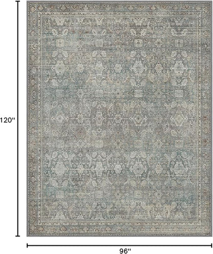8x10 Area Rug Machine Washable Boho Rug for Living Room,Ultra-Thin Low Pile Carpet,Lightweight Indoor Printed Rug,Non Slip Floral Area Rug for Bedroom, Dining Room, Home Office,Grayish Blue