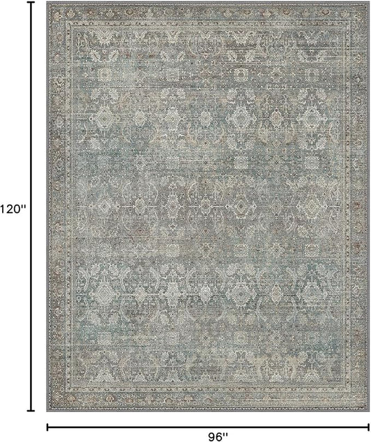 8x10 Area Rug Machine Washable Boho Rug for Living Room,Ultra-Thin Low Pile Carpet,Lightweight Indoor Printed Rug,Non Slip Floral Area Rug for Bedroom, Dining Room, Home Office,Grayish Blue