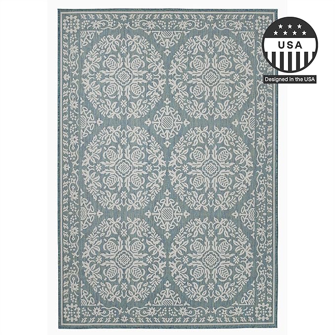 FH Home Flat Woven Outdoor Rug - Waterproof, Easy to Clean, Stain Resistant - Premium Polypropylene Yarn - Farmhouse - Porch, Deck,Balcony,Laundry Room - Marbella - Ocean - 2ft 8in x 4 ft 11in