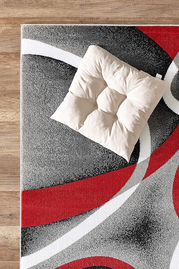 GLORY RUGS Modern Red Area Rug 4x6 Grey Swirls Carpet Bedroom Living Room Contemporary Dining Accent Sevilla Collection 4816A (Red)