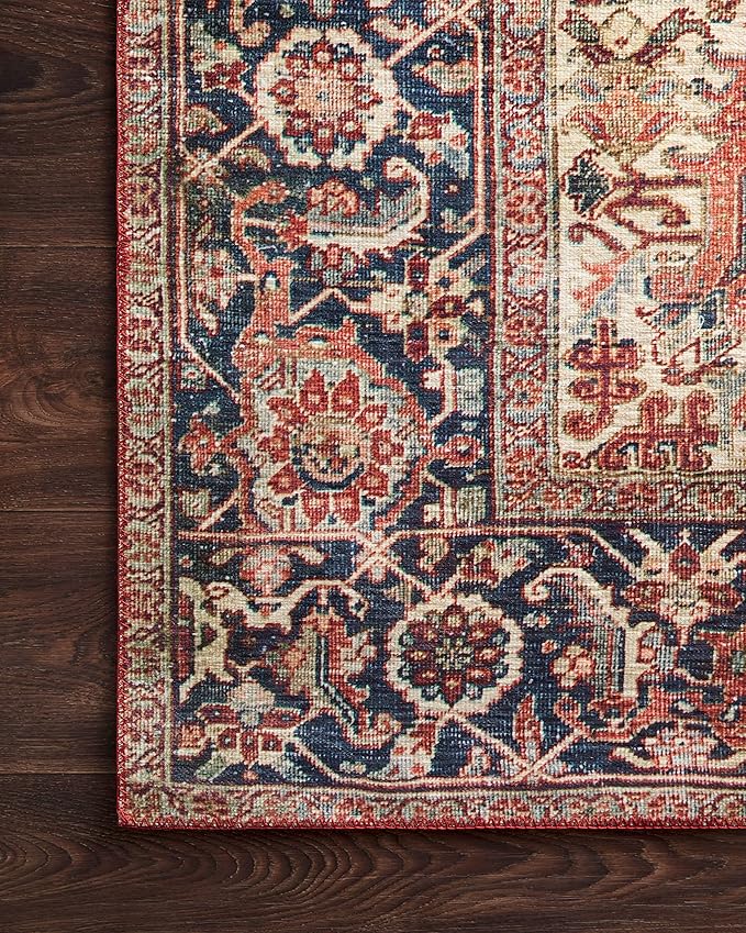 Loloi Layla Collection LAY-08 Red/Navy 2'-6" x 12'-0" .13" Thick Runner Rug, Soft, Durable, Vintage Inspired, Distressed, Low Pile, Non-Shedding, Easy Clean, Printed, Living Room Rug