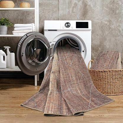 GLN Rugs Contemporary Collection - Machine Washable Area Rug, Contemporary Washable, Non Slip, Low Pile Chenille Rug, Living Room, Bedroom, Kitchen Rug (9' x 12' Terra/Brown)