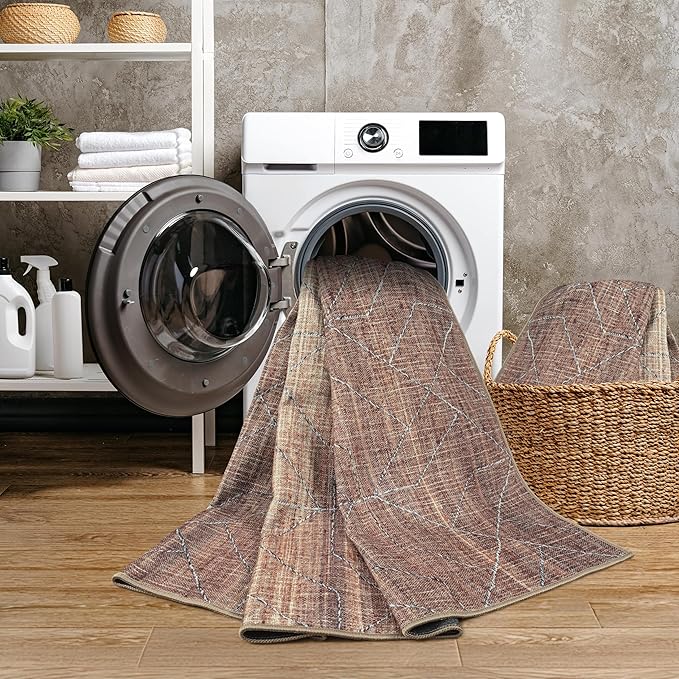 GLN Rugs Contemporary Collection - Machine Washable Area Rug, Contemporary Washable, Non Slip, Low Pile Chenille Rug, Living Room, Bedroom, Kitchen Rug (2' x 3' Terra/Brown)