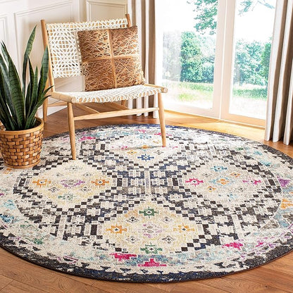 SAFAVIEH Madison Collection Area Rug - 9' Round, Black & Yellow, Boho Diamond Distressed Design, Non-Shedding & Easy Care, Ideal for High Traffic Areas in Living Room, Bedroom (MAD418Z)