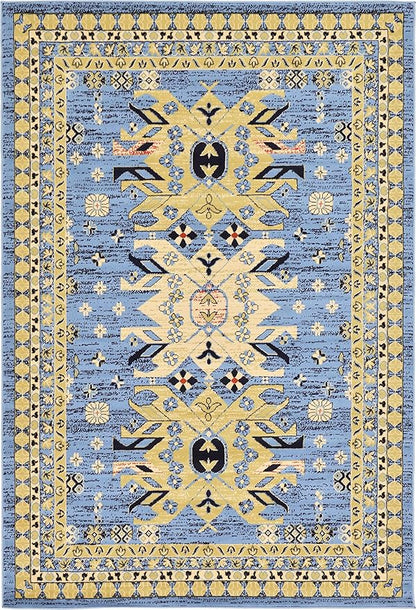 Unique Loom Taftan Collection Border Geometric Tribal Inspired Design Area Rug (6' 0 x 9' 0 Rectangular, Light Blue/ Gold)