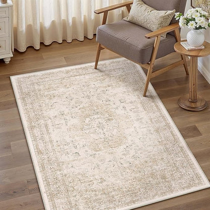Entryway Area Rug 3x5 Washable Beige Vintage Distressed Carpet Oriental Soft Thin Indoor Rug for Office Non Slip Low Pile Throw Rug for Kitchen Bathroom Bedroom Dining Living Room