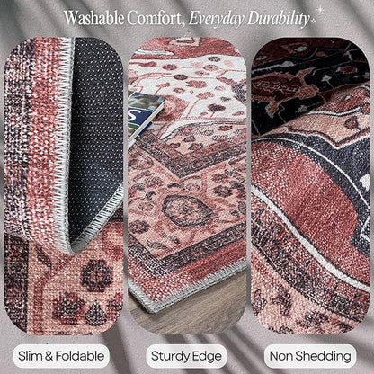 Fame Rugs Turkish Rug. Washable Vintage Oriental Antique Inspired Traditional Doormat Small Modern Area Rugs Luxury Entryway Entry Bedroom Bathroom Kitchen (404RR, 7'5 x 9'9)