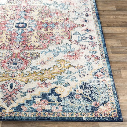 Livabliss Area Rugs - 8ft Round Odelia Vintage Boho Aqua Burgandy Blue Round Area Rug for Living Room Bedroom - Floral Medallion Stain Resistant Carpet for Kitchen, Nursery, Office (7'10" Round)
