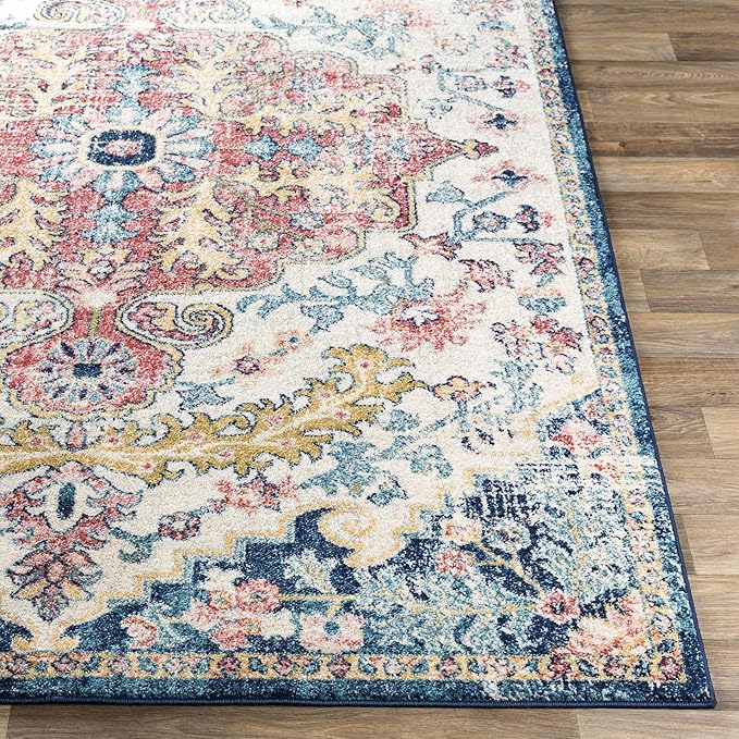Livabliss Area Rugs - 5x5 Odelia Vintage Boho Aqua Burgandy Blue Square Area Rug for Living Room Bedroom - Floral Medallion Stain Resistant Carpet for Kitchen, Nursery, Office (5'3" Square)