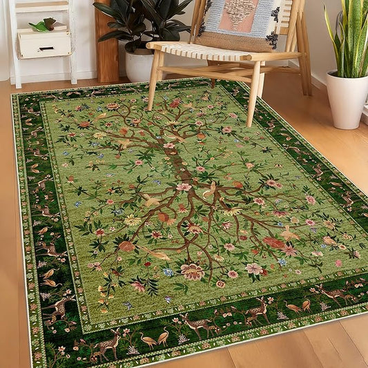 Green Area Rug 3x5 Washable, Non-Slip Small Rug Carpet, Floral Boho Low Pile Soft Throw Rugs for Entryway, Bedroom, Kids Room, Dorm, Office, Nursery, Vintage Home Decor