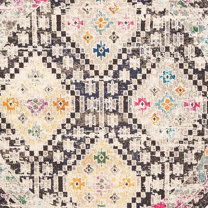 SAFAVIEH Madison Collection Area Rug - 6'7" Round, Black & Yellow, Boho Diamond Distressed Design, Non-Shedding & Easy Care, Ideal for High Traffic Areas in Living Room, Bedroom (MAD418Z)