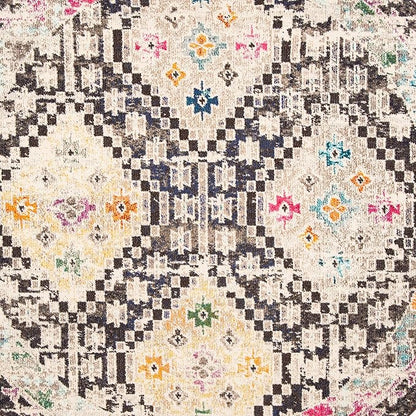 SAFAVIEH Madison Collection Area Rug - 6'7" Round, Black & Yellow, Boho Diamond Distressed Design, Non-Shedding & Easy Care, Ideal for High Traffic Areas in Living Room, Bedroom (MAD418Z)