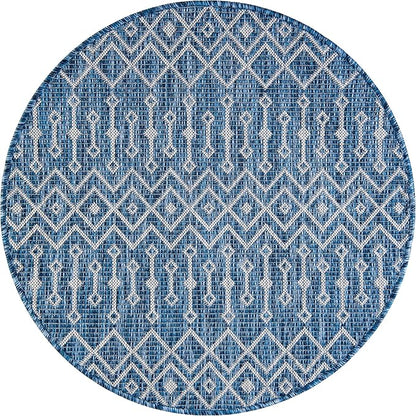 Unique Loom Outdoor Trellis Collection Area Rug - Tribal Trellis (3' 1" Round, Blue/ Ivory)