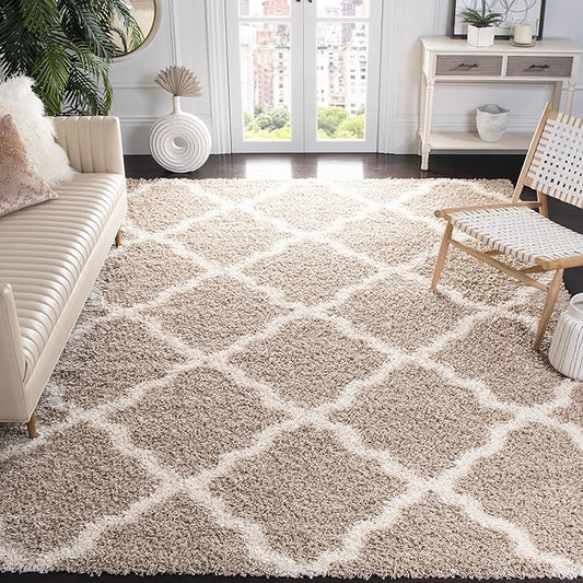 SAFAVIEH Dallas Shag Collection Area Rug - 8'6" x 12', Beige & Ivory, Trellis Design, Non-Shedding & Easy Care, 1.5-inch Thick Ideal for High Traffic Areas in Living Room, Bedroom (SGD257D)